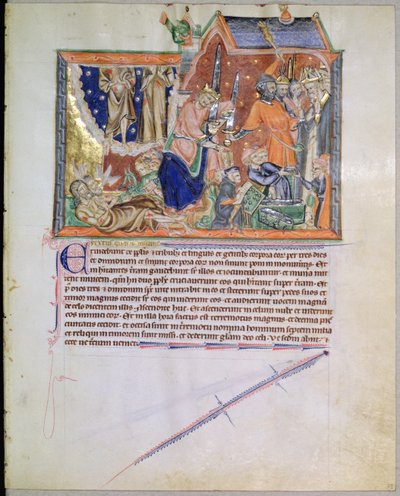 Die Zeugen bleiben unbegraben und ihre Seelen steigen in den Himmel auf, aus der Gulbenkian-Apokalypse, ca. 1265-70 von English School